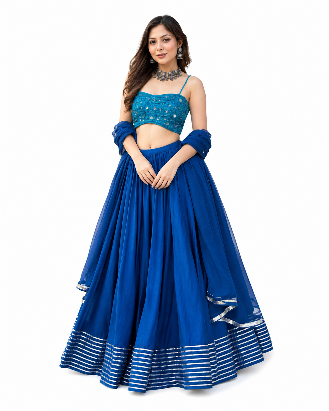 Royal Blue Mirror Work Lehenga Set with Customizable Lace-Up Blouse | Pre-Order