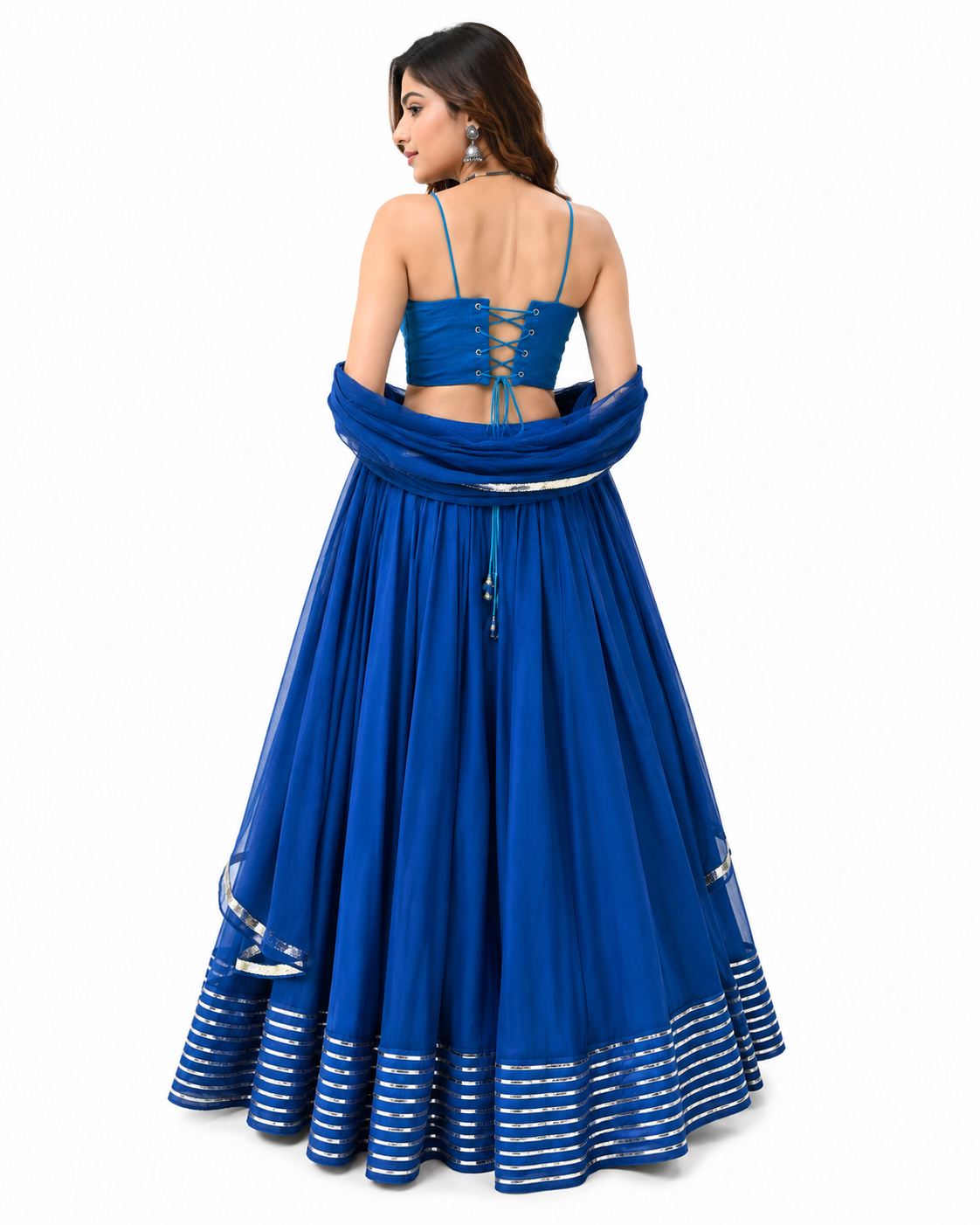 Royal Blue Mirror Work Lehenga Set with Customizable Lace-Up Blouse | Pre-Order