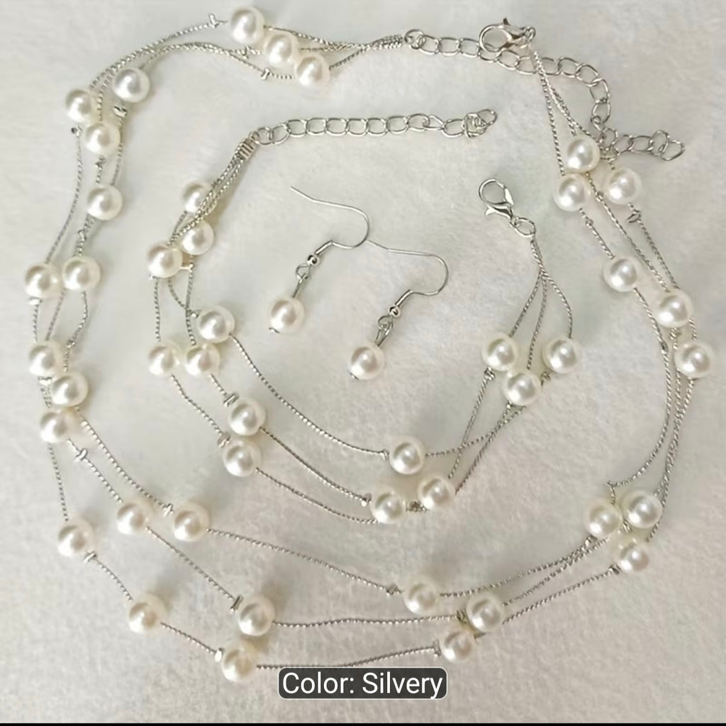3PCS Layered Faux Pearl Jewellery Set for Women – Multi-Strand Pearl Necklace, Matching Bracelet & Pearl Drop Earrings, Elegant Wedding Party Accessories