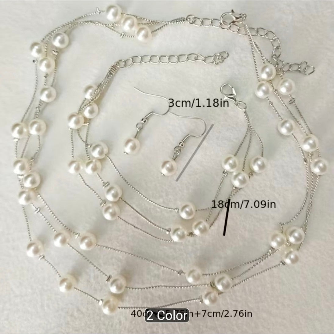 3PCS Layered Faux Pearl Jewellery Set for Women – Multi-Strand Pearl Necklace, Matching Bracelet & Pearl Drop Earrings, Elegant Wedding Party Accessories