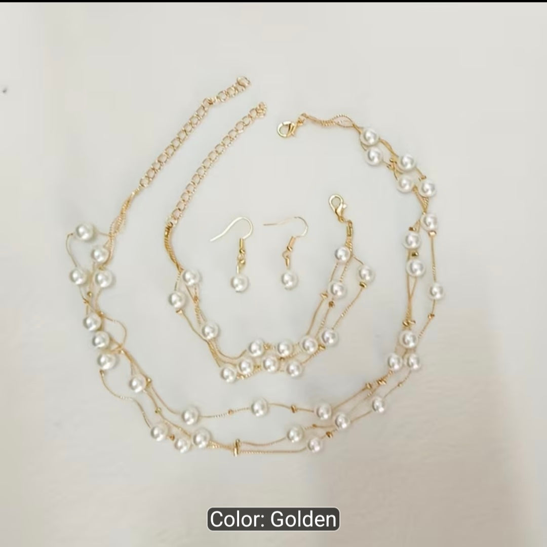 3PCS Layered Faux Pearl Jewellery Set for Women – Multi-Strand Pearl Necklace, Matching Bracelet & Pearl Drop Earrings, Elegant Wedding Party Accessories