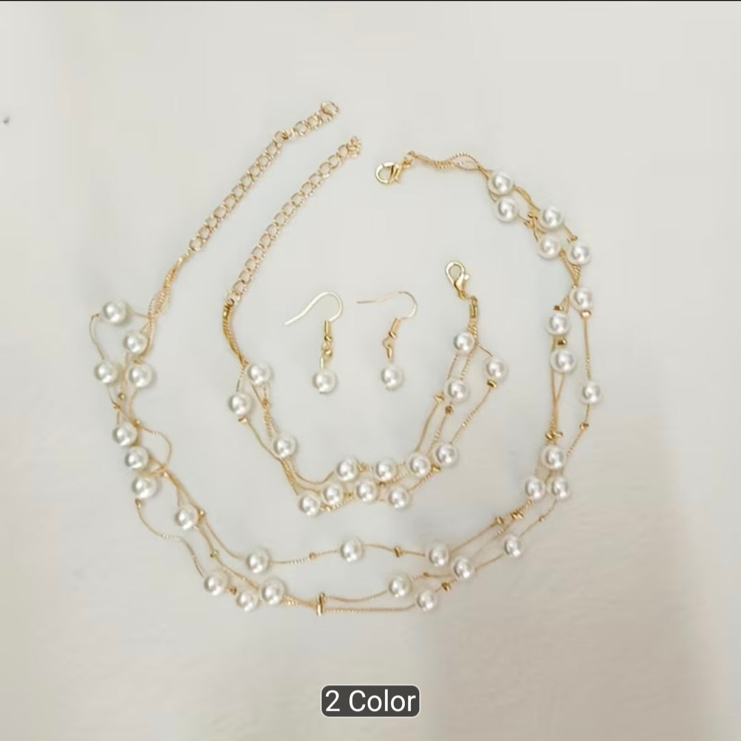 3PCS Layered Faux Pearl Jewellery Set for Women – Multi-Strand Pearl Necklace, Matching Bracelet & Pearl Drop Earrings, Elegant Wedding Party Accessories