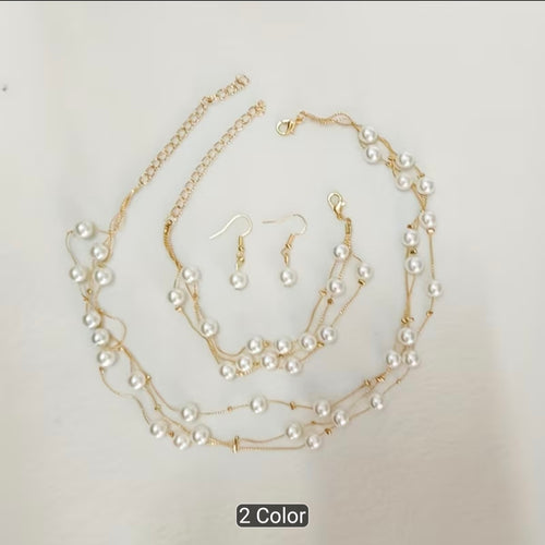 3PCS Layered Faux Pearl Jewellery Set for Women – Multi-Strand Pearl Necklace, Matching Bracelet & Pearl Drop Earrings, Elegant Wedding Party Accessories