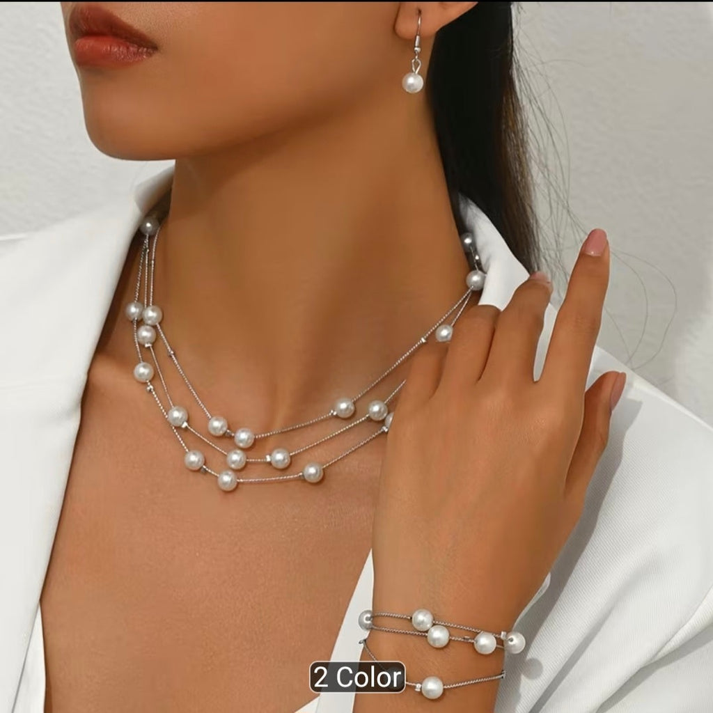 3PCS Layered Faux Pearl Jewellery Set for Women – Multi-Strand Pearl Necklace, Matching Bracelet & Pearl Drop Earrings, Elegant Wedding Party Accessories