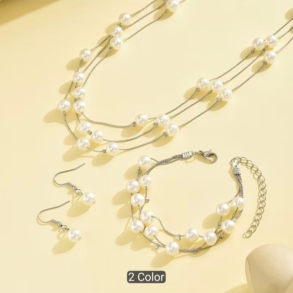 3PCS Layered Faux Pearl Jewellery Set for Women – Multi-Strand Pearl Necklace, Matching Bracelet & Pearl Drop Earrings, Elegant Wedding Party Accessories
