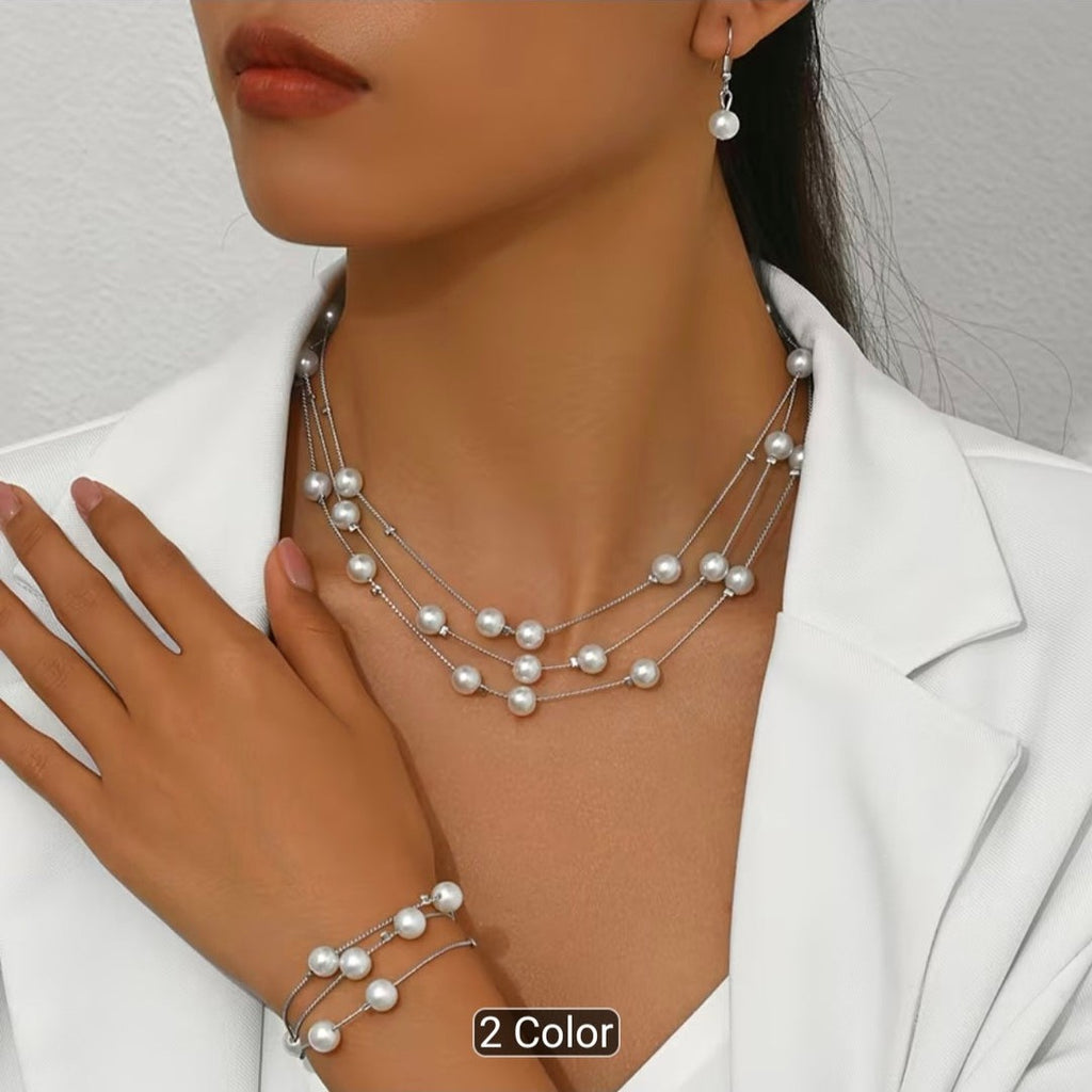 3PCS Layered Faux Pearl Jewellery Set for Women – Multi-Strand Pearl Necklace, Matching Bracelet & Pearl Drop Earrings, Elegant Wedding Party Accessories