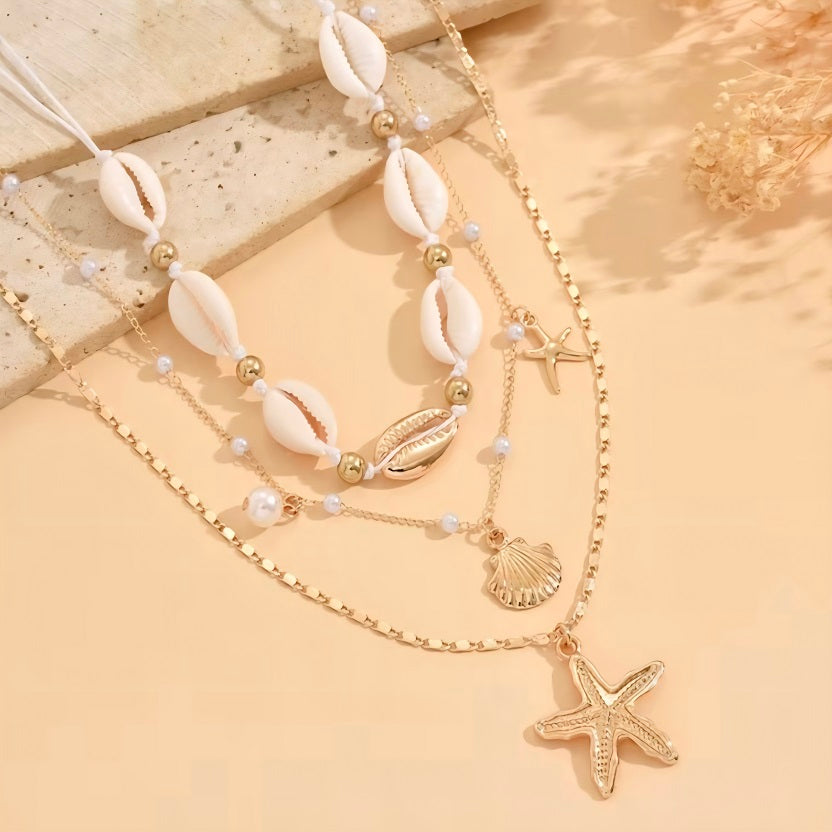 3-Piece Gold Layered Beach Necklace Set - Cowrie Shell & Starfish Choker