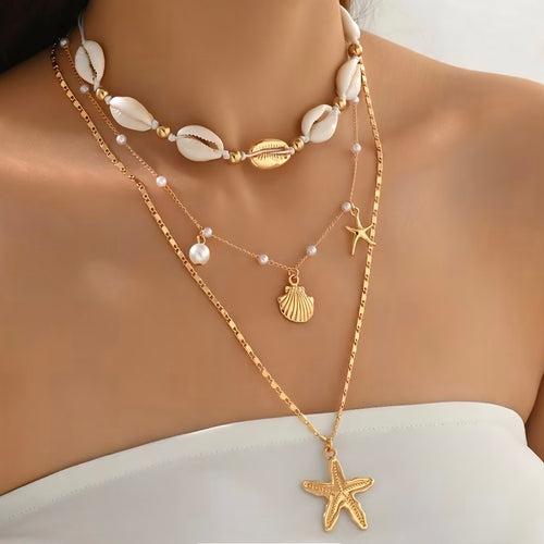 3-Piece Gold Layered Beach Necklace Set - Cowrie Shell & Starfish Choker