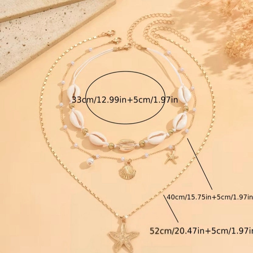 3-Piece Gold Layered Beach Necklace Set - Cowrie Shell & Starfish Choker