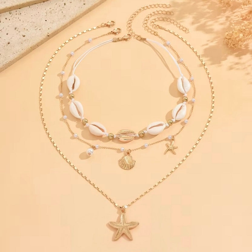 3-Piece Gold Layered Beach Necklace Set - Cowrie Shell & Starfish Choker