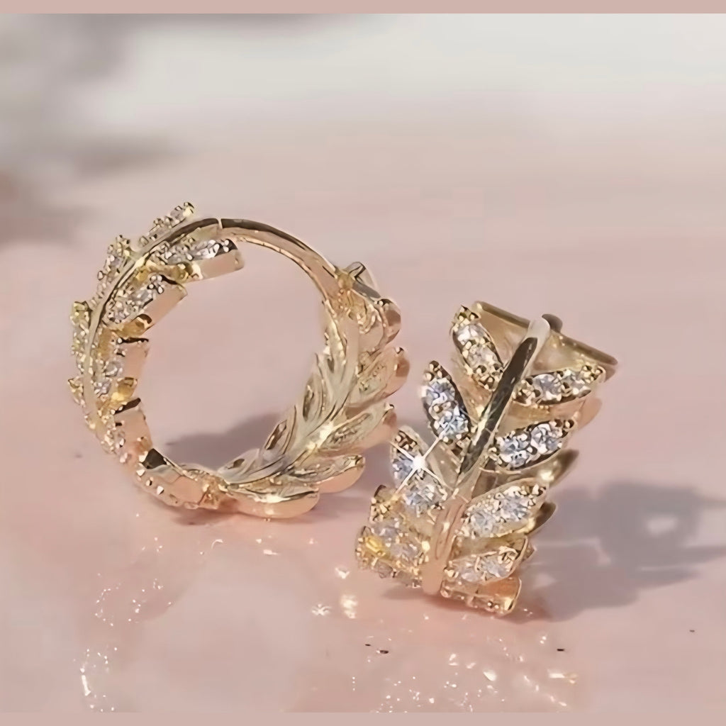 Gold Plated Olive Leaf Huggie Hoop Earrings for Women • Sparkling CZ Crystal Olive Branch Small Creoles • Dainty Leaf Ear Stacks & Cartilage Piercing Jewelry Gift