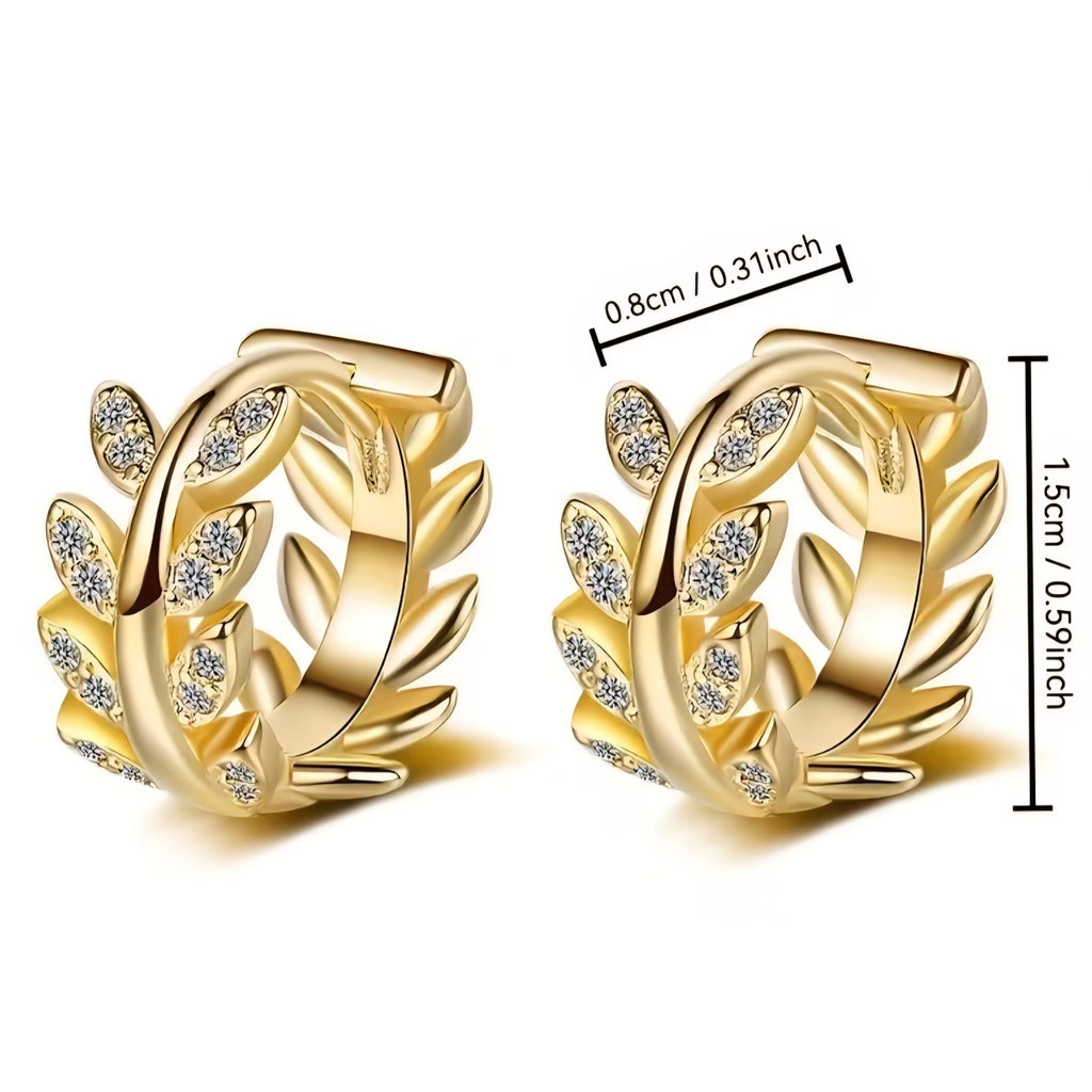 Gold Plated Olive Leaf Huggie Hoop Earrings for Women • Sparkling CZ Crystal Olive Branch Small Creoles • Dainty Leaf Ear Stacks & Cartilage Piercing Jewelry Gift