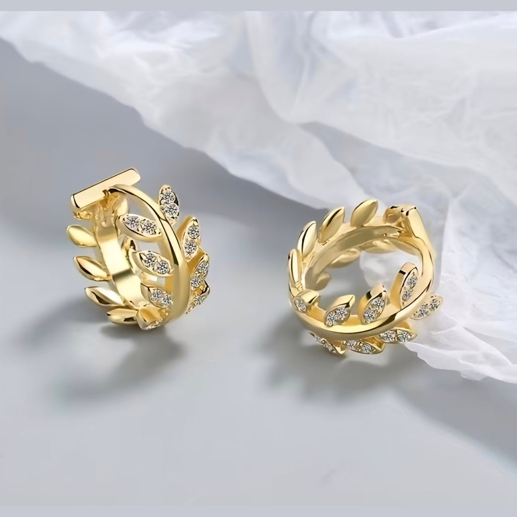 Gold Plated Olive Leaf Huggie Hoop Earrings for Women • Sparkling CZ Crystal Olive Branch Small Creoles • Dainty Leaf Ear Stacks & Cartilage Piercing Jewelry Gift