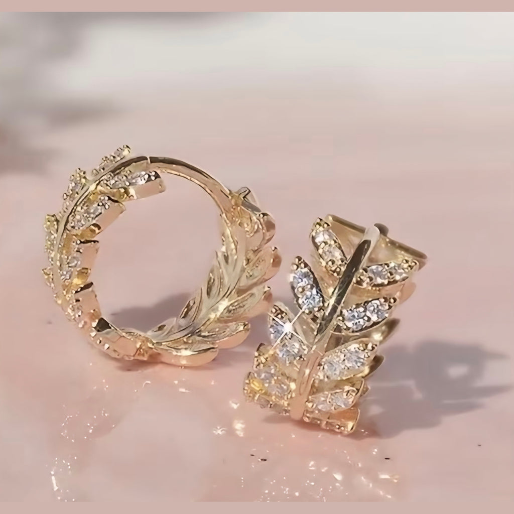 Gold Plated Olive Leaf Huggie Hoop Earrings for Women • Sparkling CZ Crystal Olive Branch Small Creoles • Dainty Leaf Ear Stacks & Cartilage Piercing Jewelry Gift