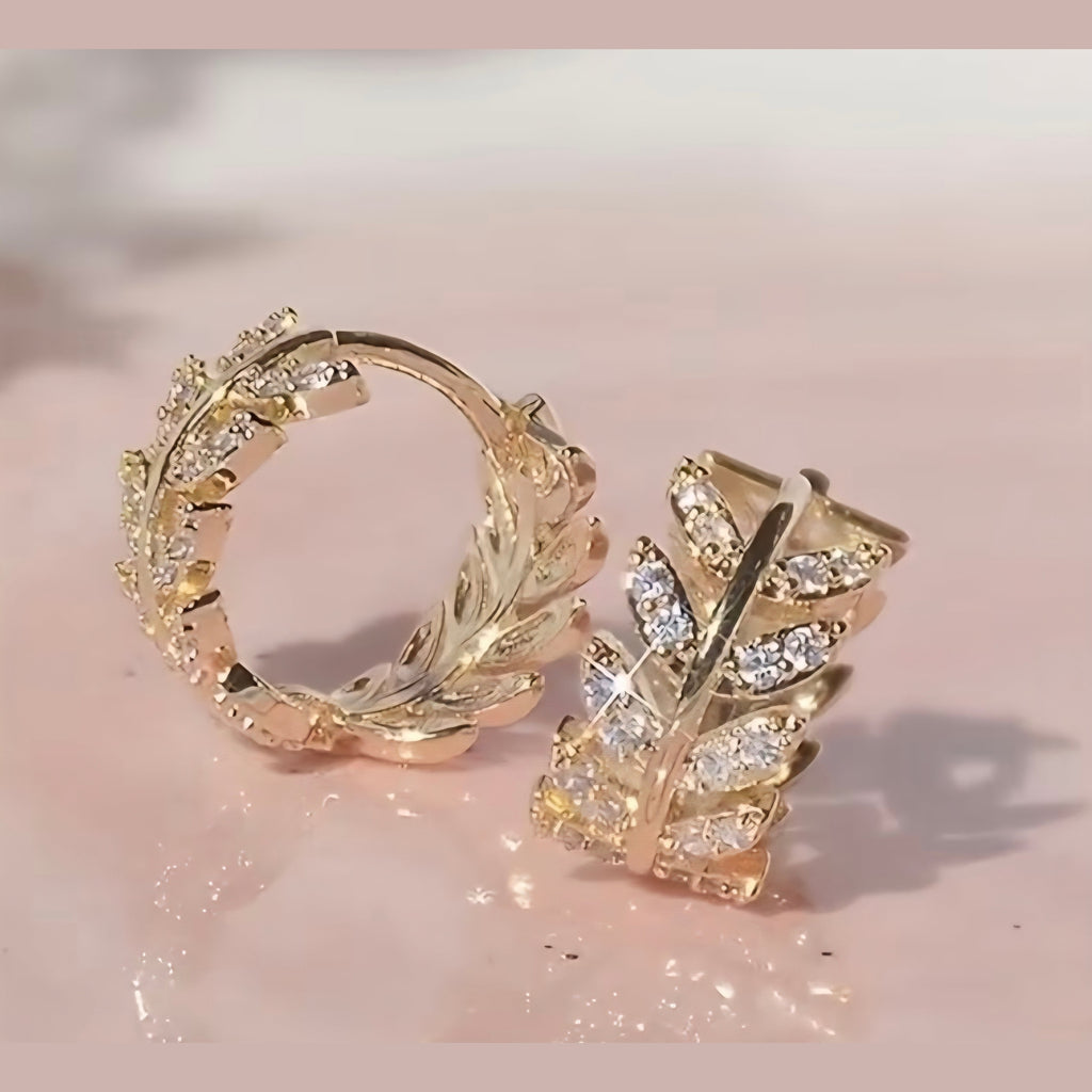 Gold Plated Olive Leaf Huggie Hoop Earrings for Women • Sparkling CZ Crystal Olive Branch Small Creoles • Dainty Leaf Ear Stacks & Cartilage Piercing Jewelry Gift