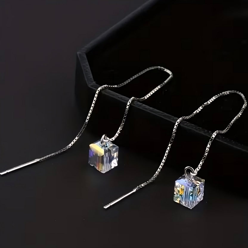 Silver Cube Threader Drop Earrings • The Linear Collection