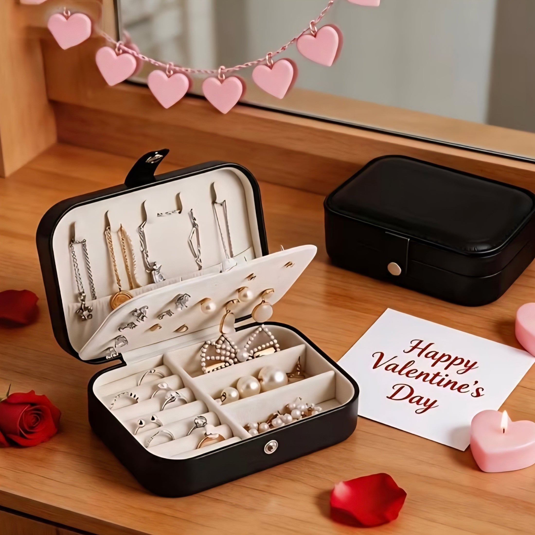 Portable Travel Jewellery Organiser Box for Women – PU Leather Jewellery Storage Case for Rings, Earrings, Necklaces & Bracelets