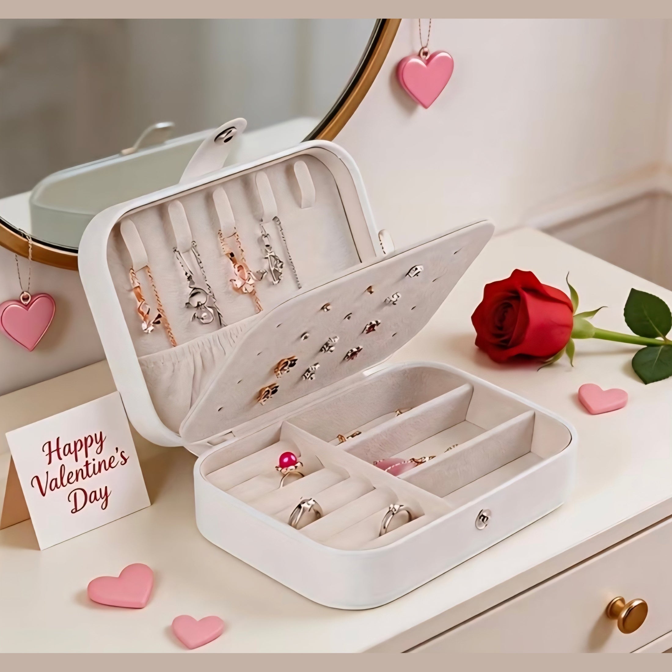 Portable Travel Jewellery Organiser Box for Women – PU Leather Jewellery Storage Case for Rings, Earrings, Necklaces & Bracelets