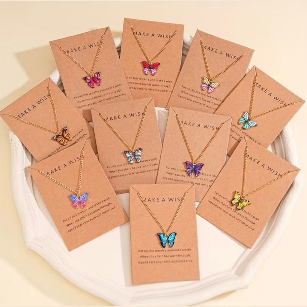 Butterfly Wish Necklace on Inspirational Card – Colorful Butterfly Pendant Necklace Gift for Women & Girls