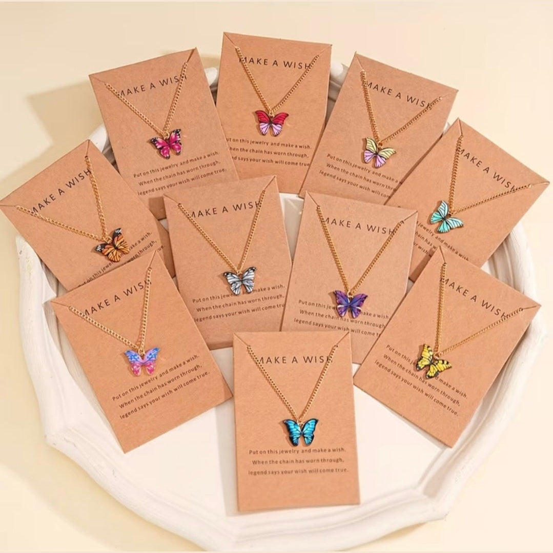 Butterfly Wish Necklace on Inspirational Card – Colorful Butterfly Pendant Necklace Gift for Women & Girls
