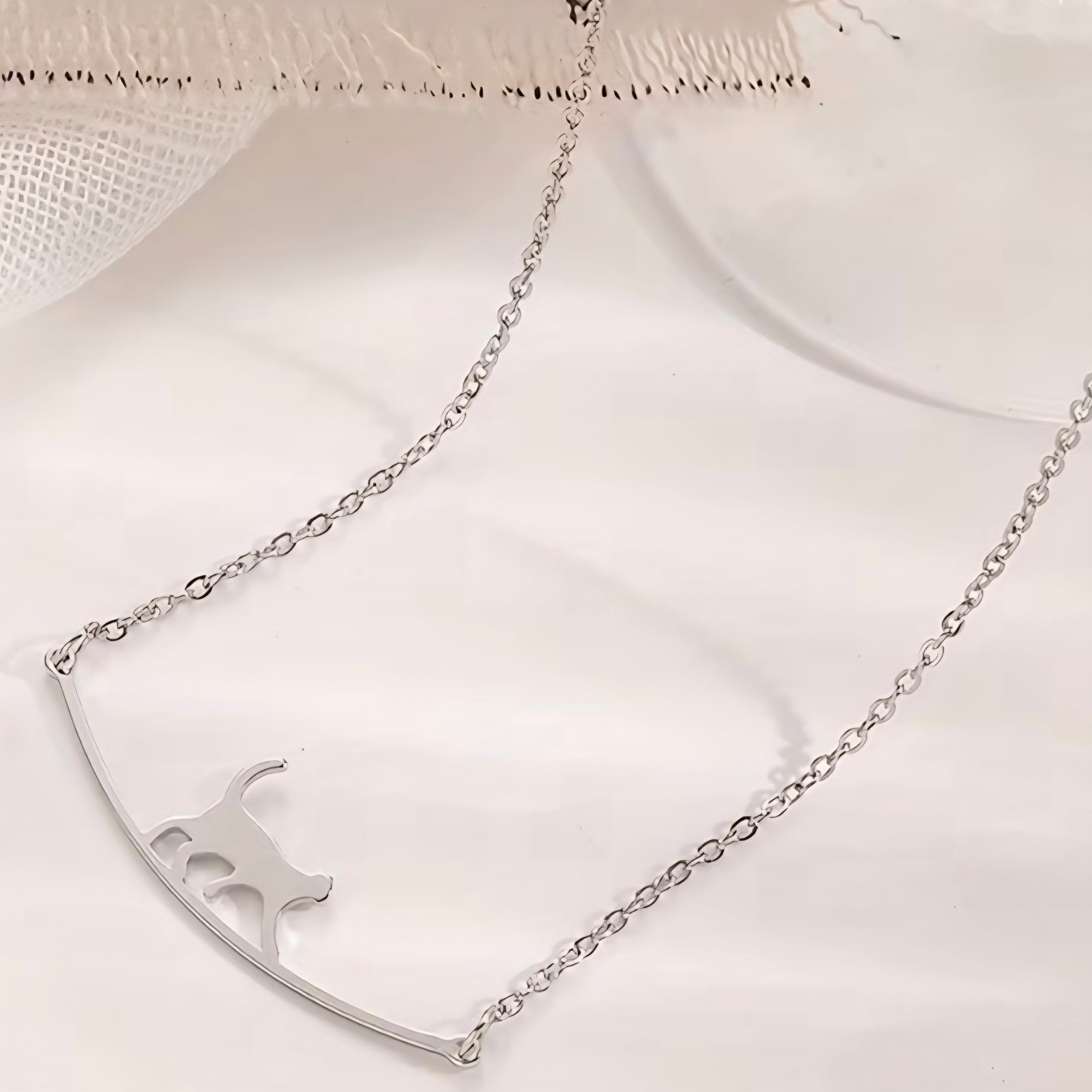 Cat on a Curved Bar Pendant Necklace Minimalist