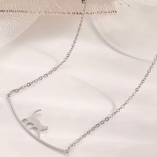 Cat on a Curved Bar Pendant Necklace Minimalist