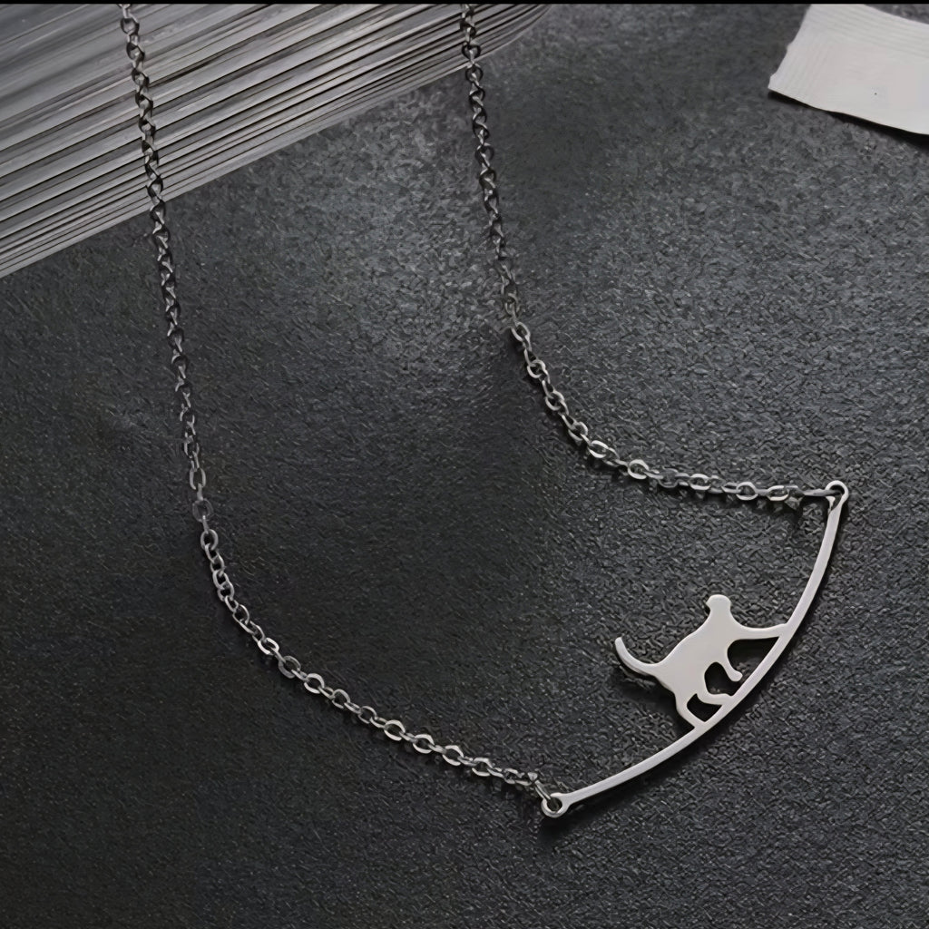 Cat on a Curved Bar Pendant Necklace Minimalist