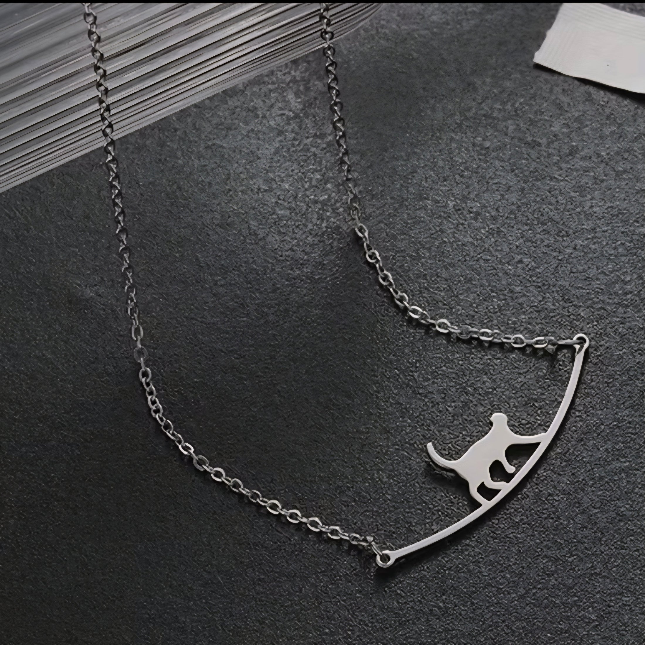 Cat on a Curved Bar Pendant Necklace Minimalist