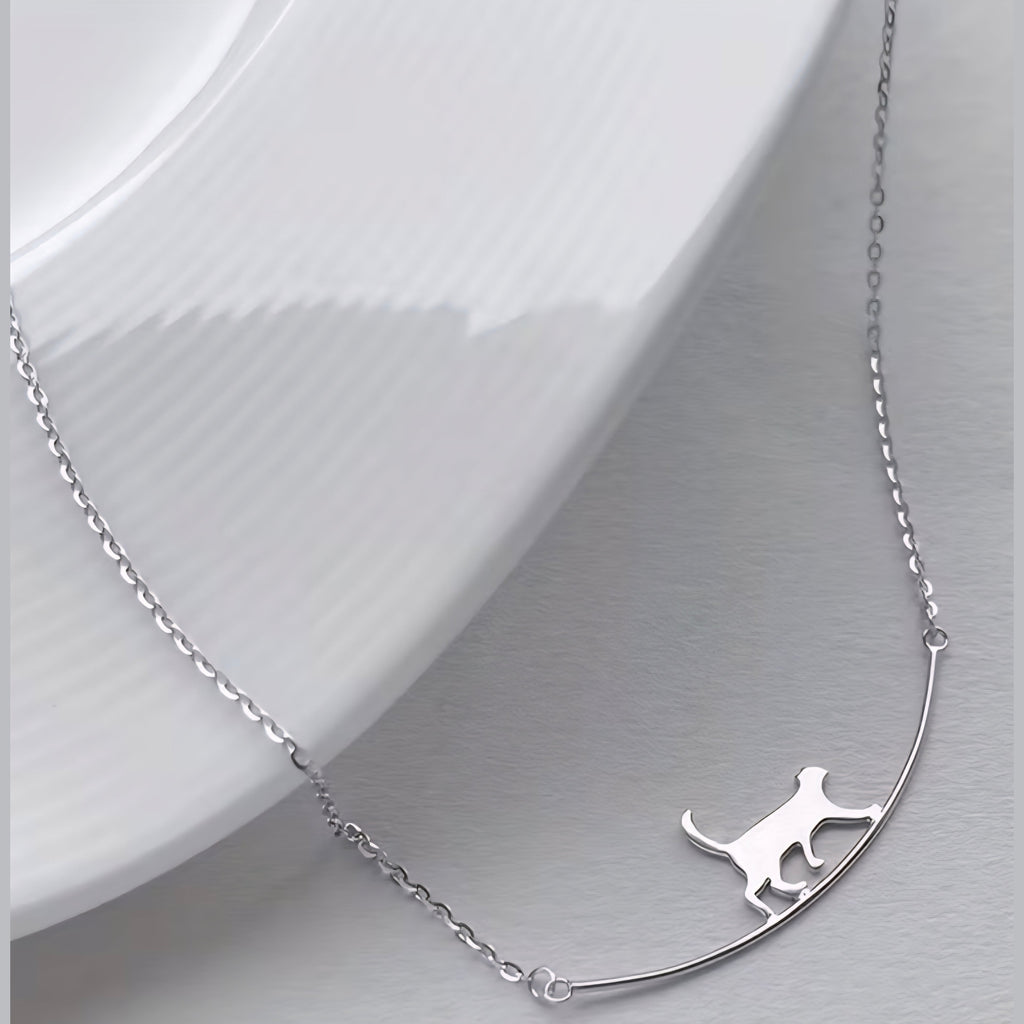 Cat on a Curved Bar Pendant Necklace Minimalist