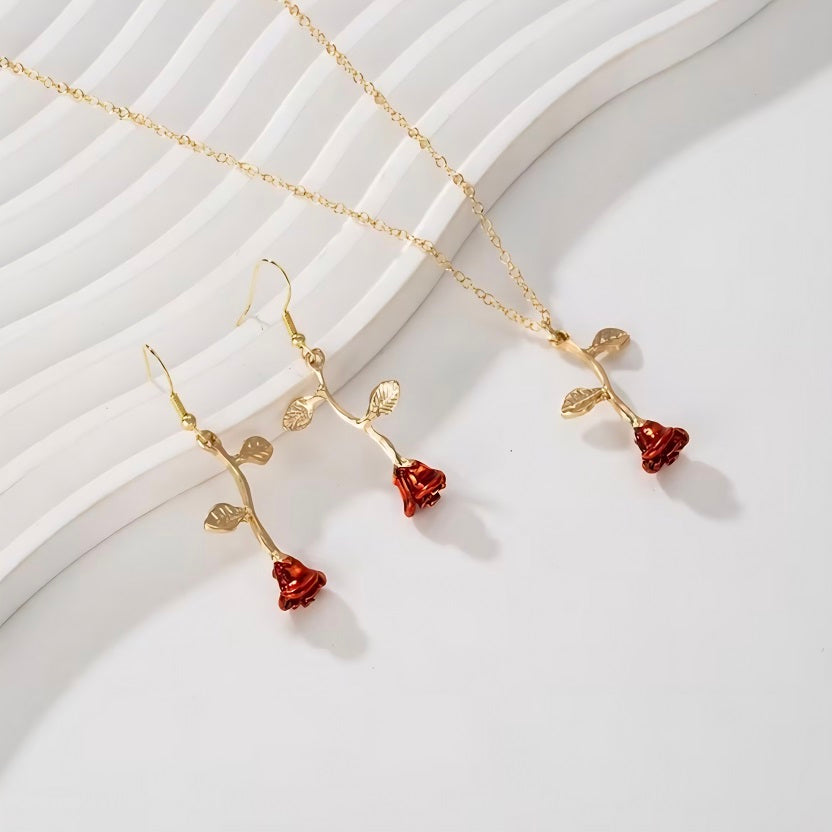 Red Rose Pendant Necklace & Earrings Set for Women | Gold Tone Rose Flower Jewelry Set | Romantic Floral Dangle Earrings | Vintage Gift for Her