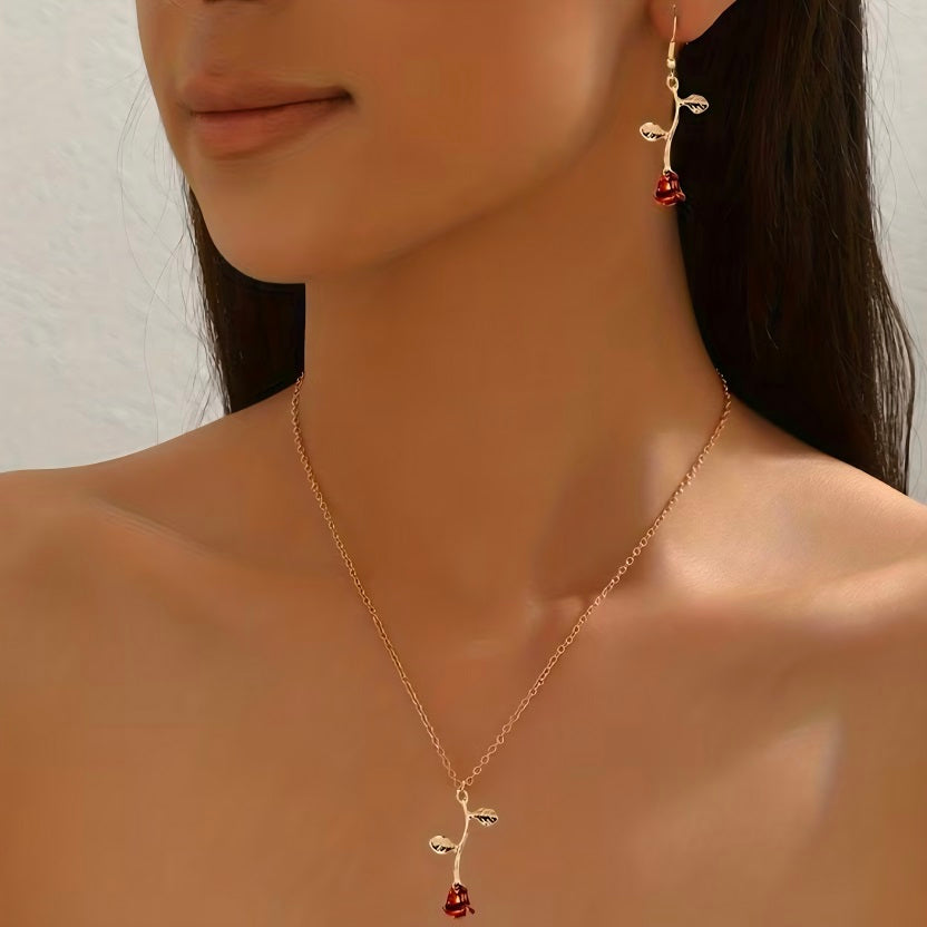Red Rose Pendant Necklace & Earrings Set for Women | Gold Tone Rose Flower Jewelry Set | Romantic Floral Dangle Earrings | Vintage Gift for Her