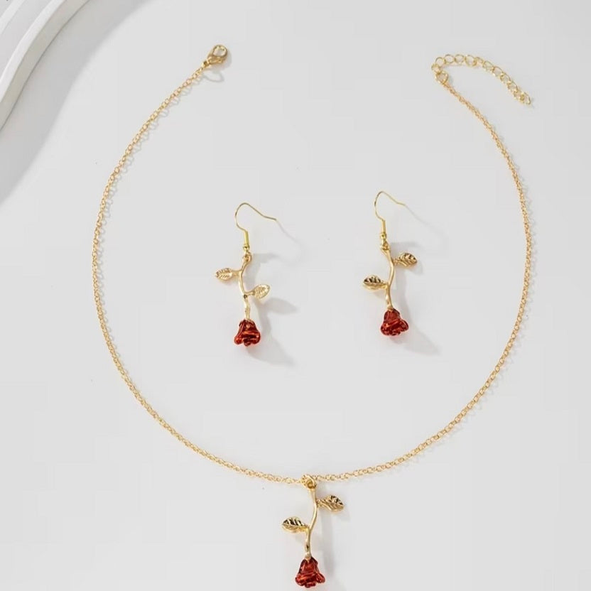 Red Rose Pendant Necklace & Earrings Set for Women | Gold Tone Rose Flower Jewelry Set | Romantic Floral Dangle Earrings | Vintage Gift for Her