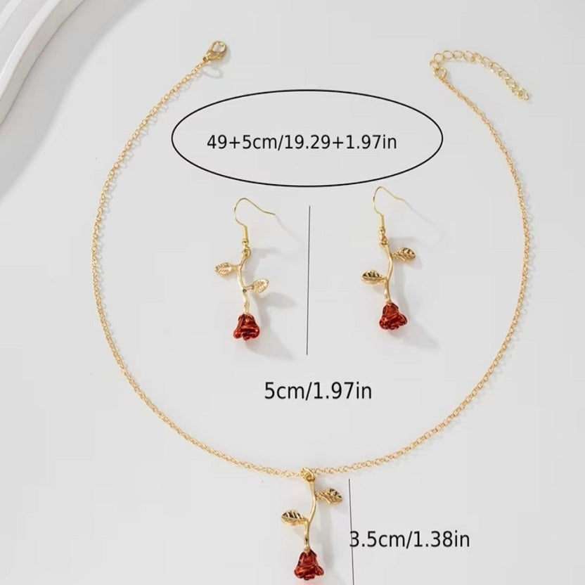 Red Rose Pendant Necklace & Earrings Set for Women | Gold Tone Rose Flower Jewelry Set | Romantic Floral Dangle Earrings | Vintage Gift for Her