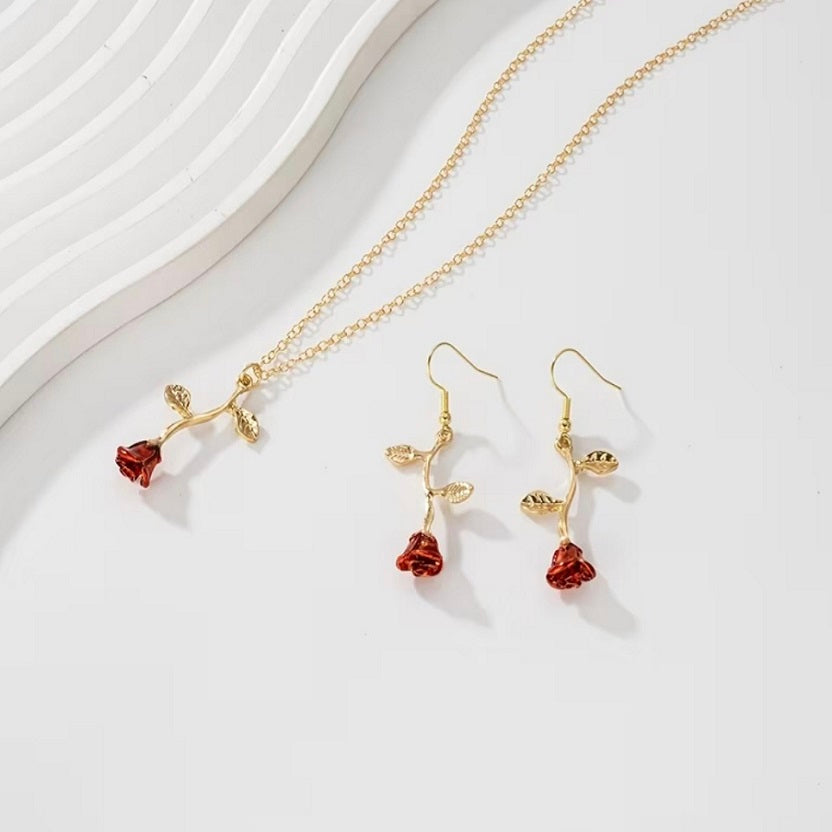 Red Rose Pendant Necklace & Earrings Set for Women | Gold Tone Rose Flower Jewelry Set | Romantic Floral Dangle Earrings | Vintage Gift for Her