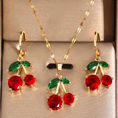 Cherry Pendant Necklace & Earrings Set for Women | Gold Tone Red Crystal Cherry Jewelry Set | Cute Fruit Charm Necklace | Trendy Y2K Aesthetic Gift
