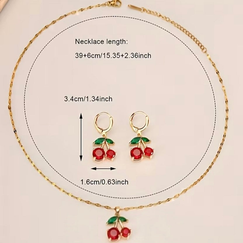 Cherry Pendant Necklace & Earrings Set for Women | Gold Tone Red Crystal Cherry Jewelry Set | Cute Fruit Charm Necklace | Trendy Y2K Aesthetic Gift