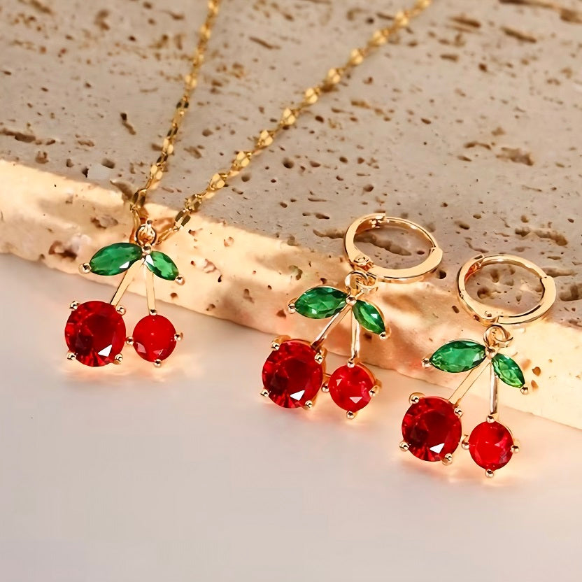 Cherry Pendant Necklace & Earrings Set for Women | Gold Tone Red Crystal Cherry Jewelry Set | Cute Fruit Charm Necklace | Trendy Y2K Aesthetic Gift