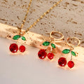 Cherry Pendant Necklace & Earrings Set for Women | Gold Tone Red Crystal Cherry Jewelry Set | Cute Fruit Charm Necklace | Trendy Y2K Aesthetic Gift