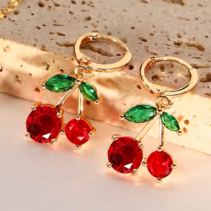 Cherry Pendant Necklace & Earrings Set for Women | Gold Tone Red Crystal Cherry Jewelry Set | Cute Fruit Charm Necklace | Trendy Y2K Aesthetic Gift