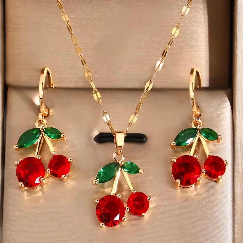 Cherry Pendant Necklace & Earrings Set for Women | Gold Tone Red Crystal Cherry Jewelry Set | Cute Fruit Charm Necklace | Trendy Y2K Aesthetic Gift