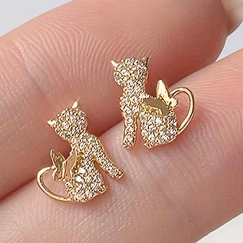 Gold Cat Stud Earrings with Crystals & Butterfly - Dainty Animal Jewellery