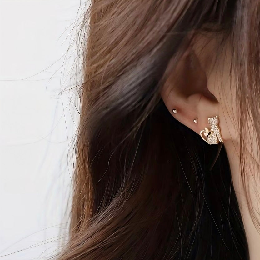 Gold Cat Stud Earrings with Crystals & Butterfly - Dainty Animal Jewellery