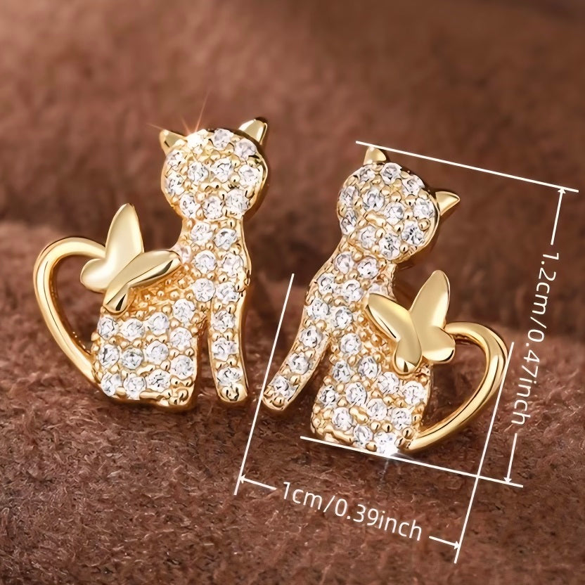 Gold Cat Stud Earrings with Crystals & Butterfly - Dainty Animal Jewellery