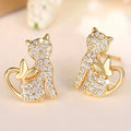 Gold Cat Stud Earrings with Crystals & Butterfly - Dainty Animal Jewellery