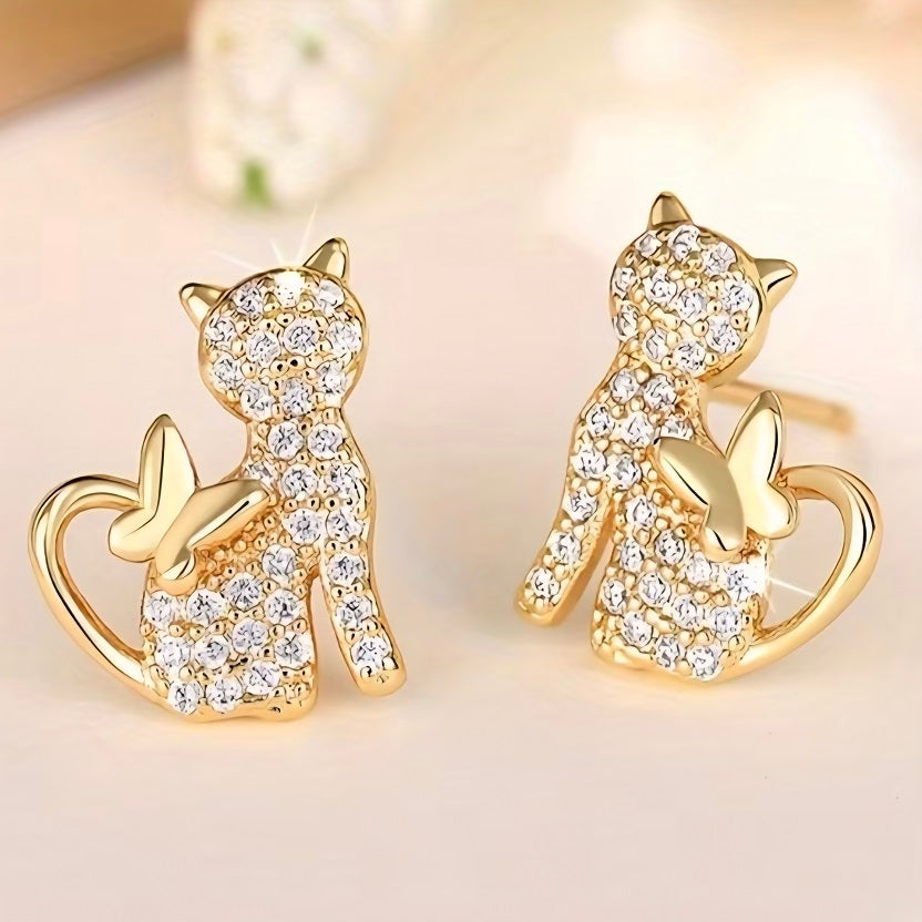 Gold Cat Stud Earrings with Crystals & Butterfly - Dainty Animal Jewellery