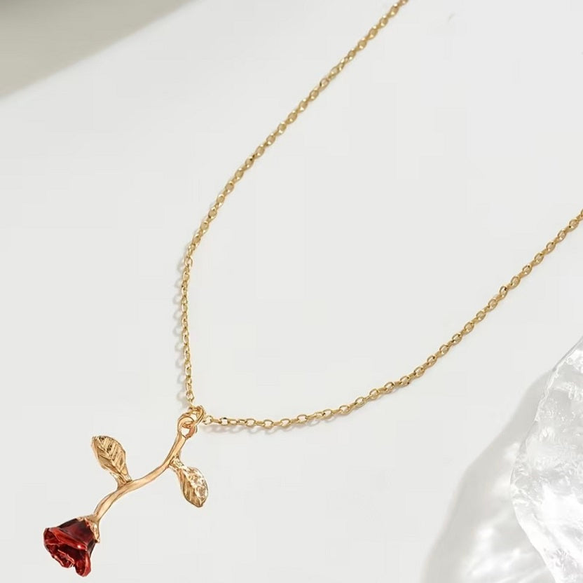 Dainty Gold Rose Pendant Necklace - Red Flower Cottagecore Charm