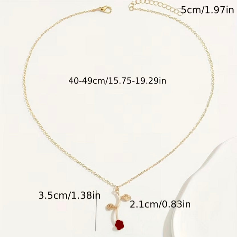 Dainty Gold Rose Pendant Necklace - Red Flower Cottagecore Charm