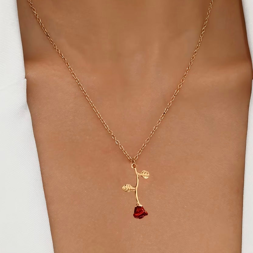 Dainty Gold Rose Pendant Necklace - Red Flower Cottagecore Charm