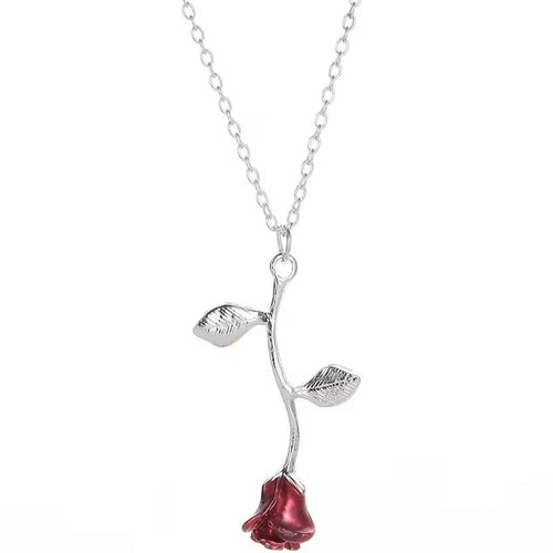 Dainty Gold Rose Pendant Necklace - Red Flower Cottagecore Charm