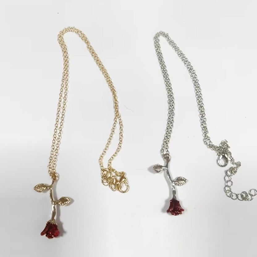 Dainty Gold Rose Pendant Necklace - Red Flower Cottagecore Charm